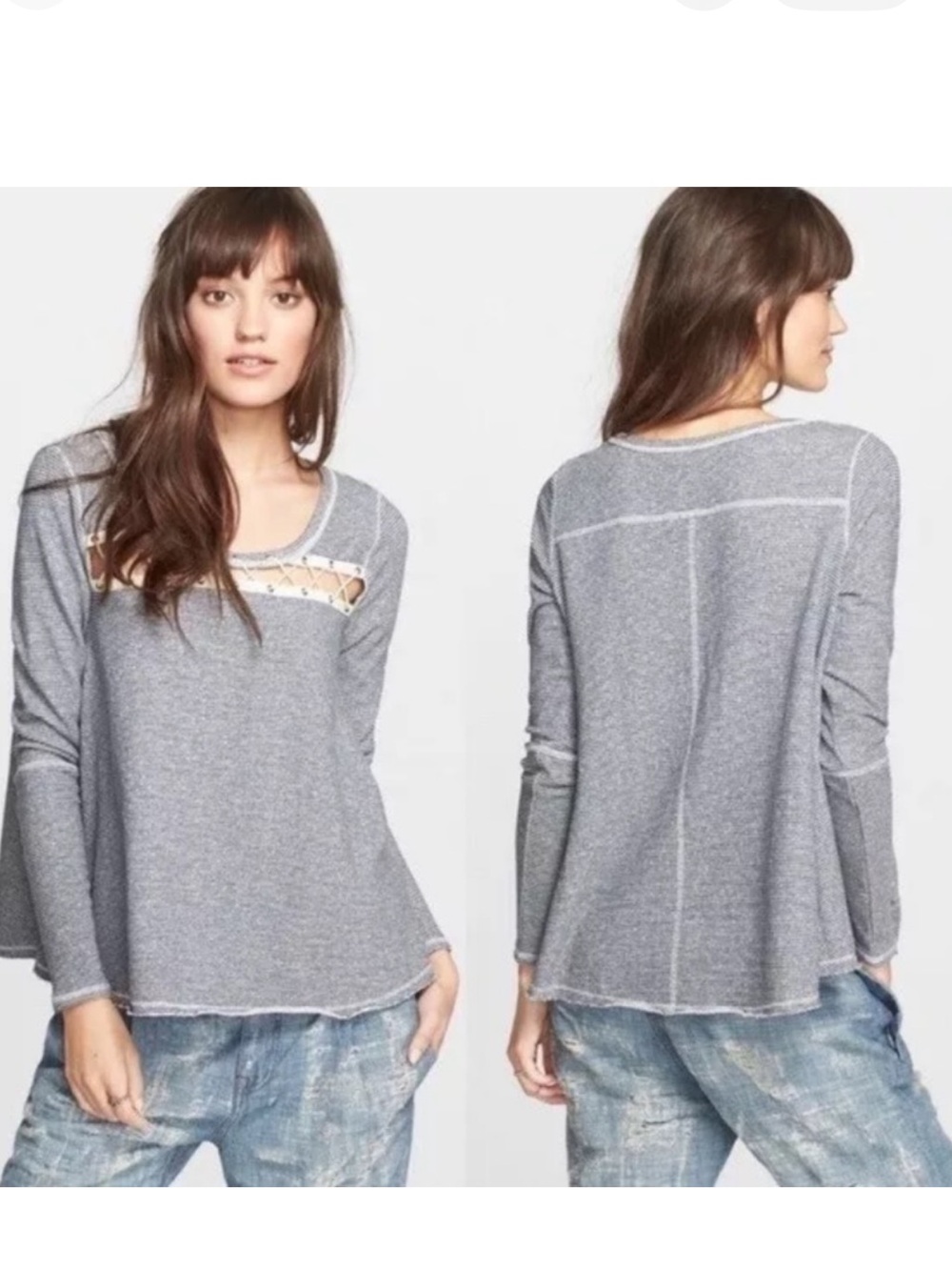 FREE PEOPLE French Terry “Lacey Love” Striped Lace-Up Long-Sleeve Top, Size XS